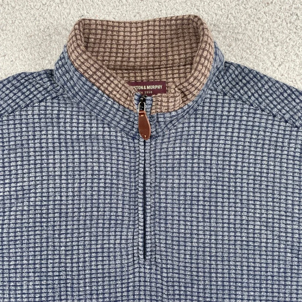 Johnston & Murphy Pullover Mens M Blue Waffle Knit 1/4 Zip Mock Neck Textured
